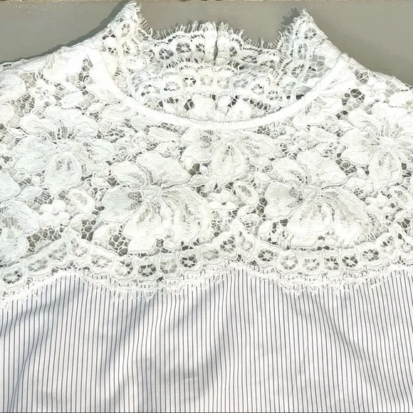 SANDRO | 🤍 White Lace Mock Neck Blouse w/ Thin Pinstripe Panel | Size 1 (Small) - Picture 8 of 16